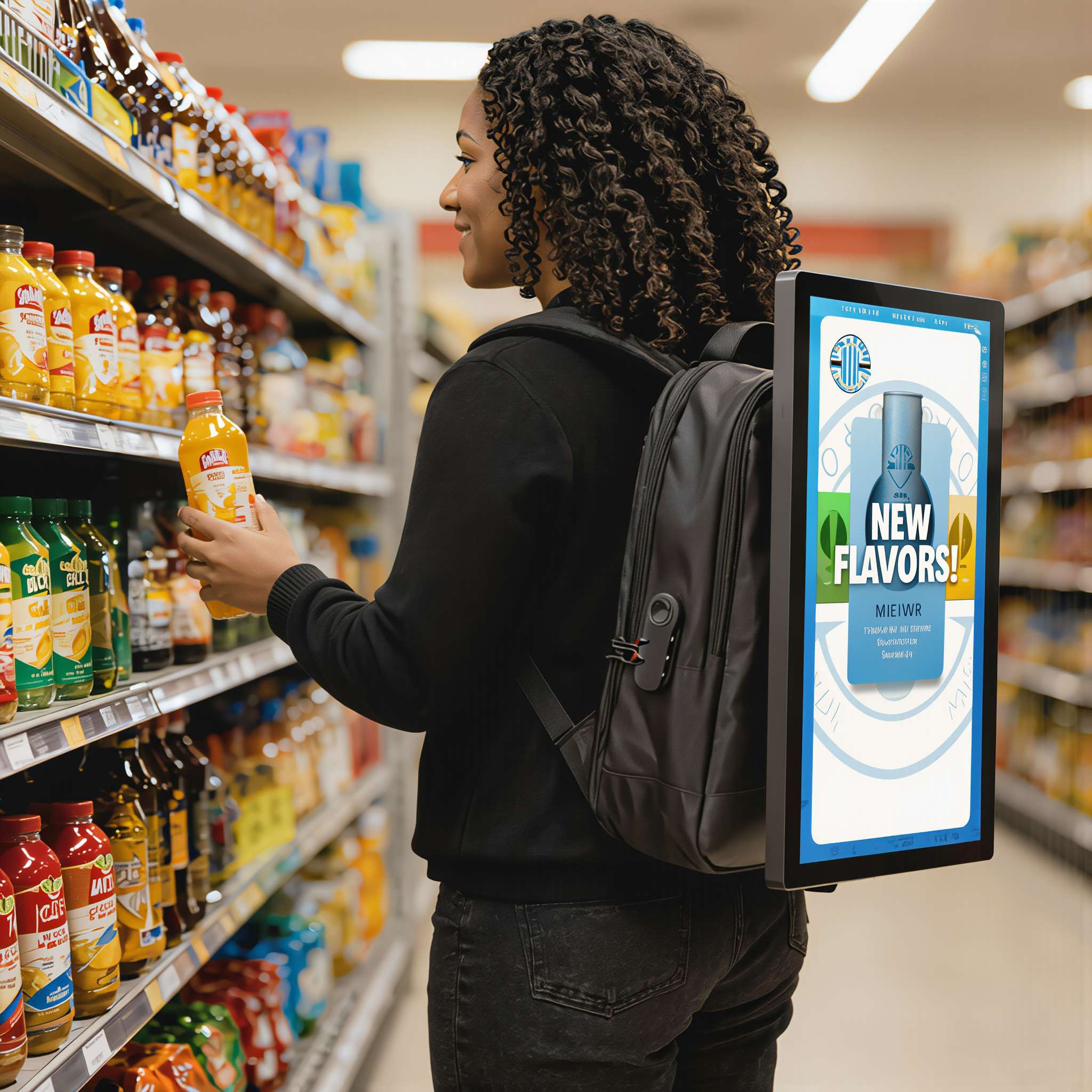 Ground Runners backpack LED display in grocery store